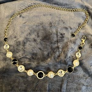 Vintage Gond Tone Link Belt with Faux Pearls and Gems